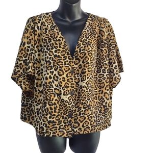 Code & Mode Women's Black Brown Animal Print Cropped Top Blouse V-Neck Size L
